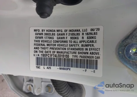 2020 Honda Civic Ex-L z USA, uszkodzony, nr VIN 19XFC1F74LE015155